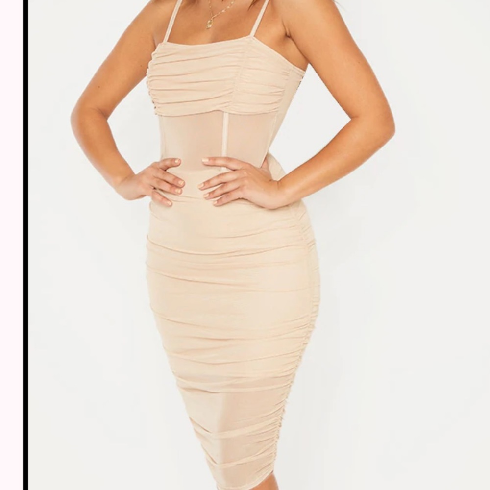 Stone Strappy Mesh Insert Ruched Midi Dress